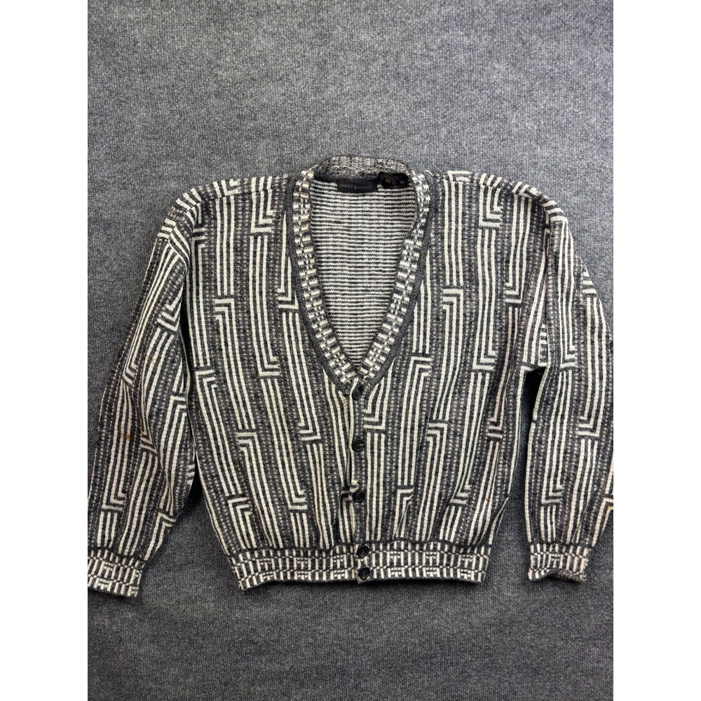 Jhane Barnes Cardigan Sweater Mens M Black White Geometric Knit Vintage 8828-44